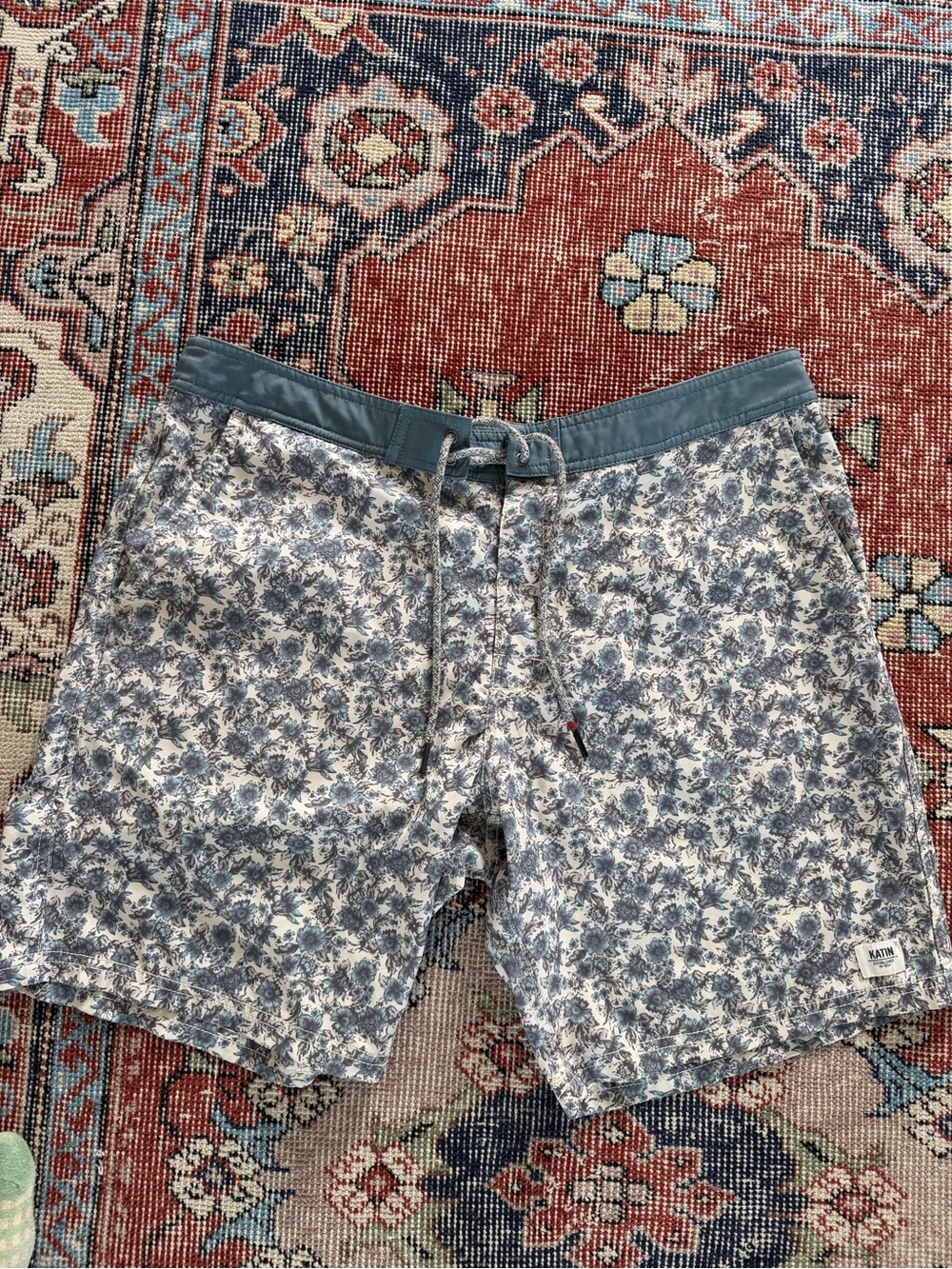 Karin floral Print Drawstring Swim Shorts in Blue and White